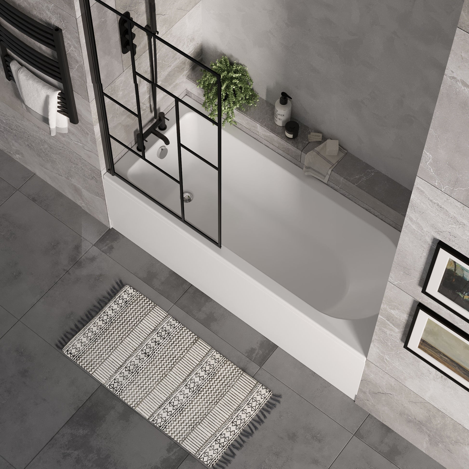 [BBSE60929] Round Single Ended 1700x700 Bath Set - Front Bath Panel & Black Abstract Framed Screen & Chrome Waste - Lifestyle 2