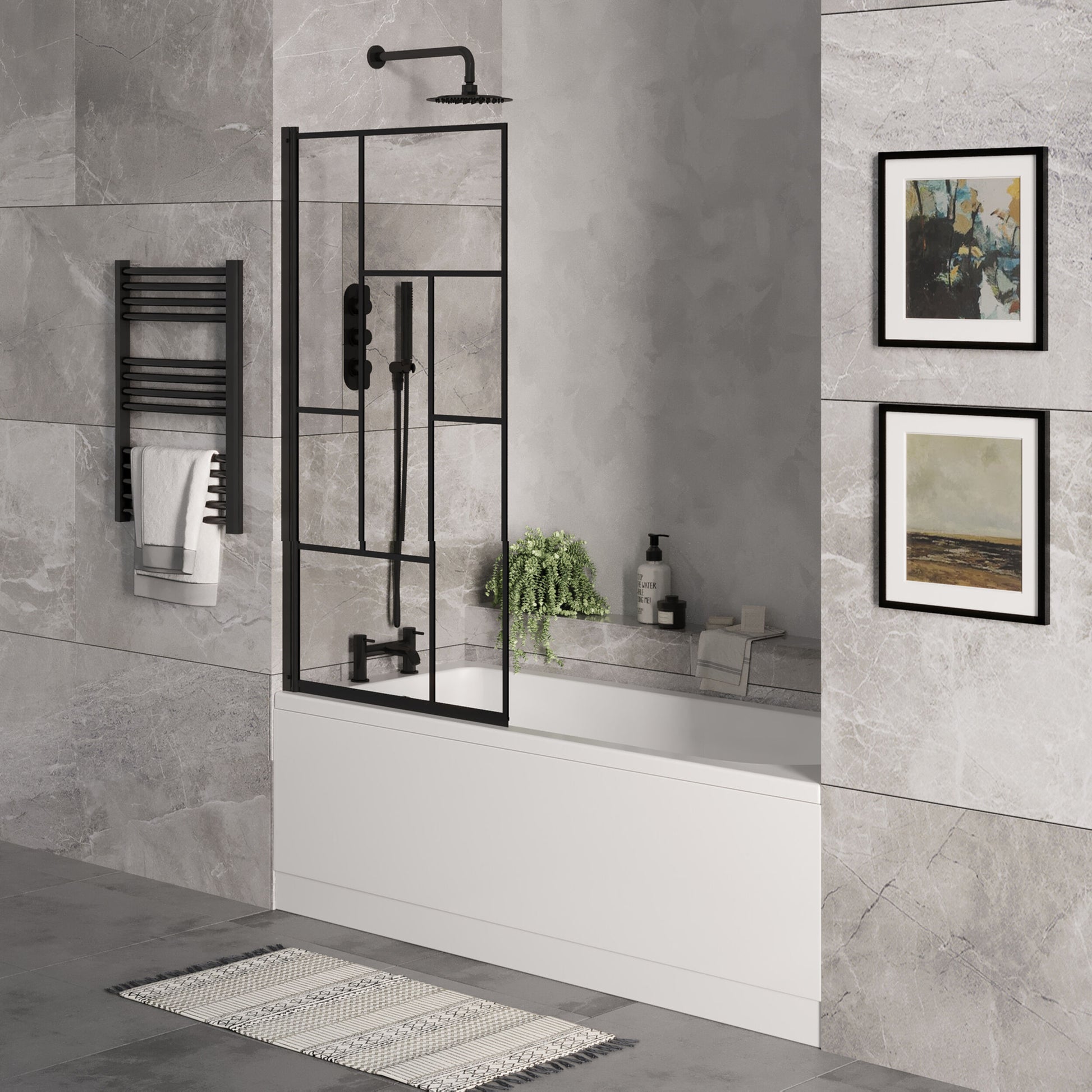 [BBSE60929] Round Single Ended 1700x700 Bath Set - Front Bath Panel & Black Abstract Framed Screen & Chrome Waste - Lifestyle 3