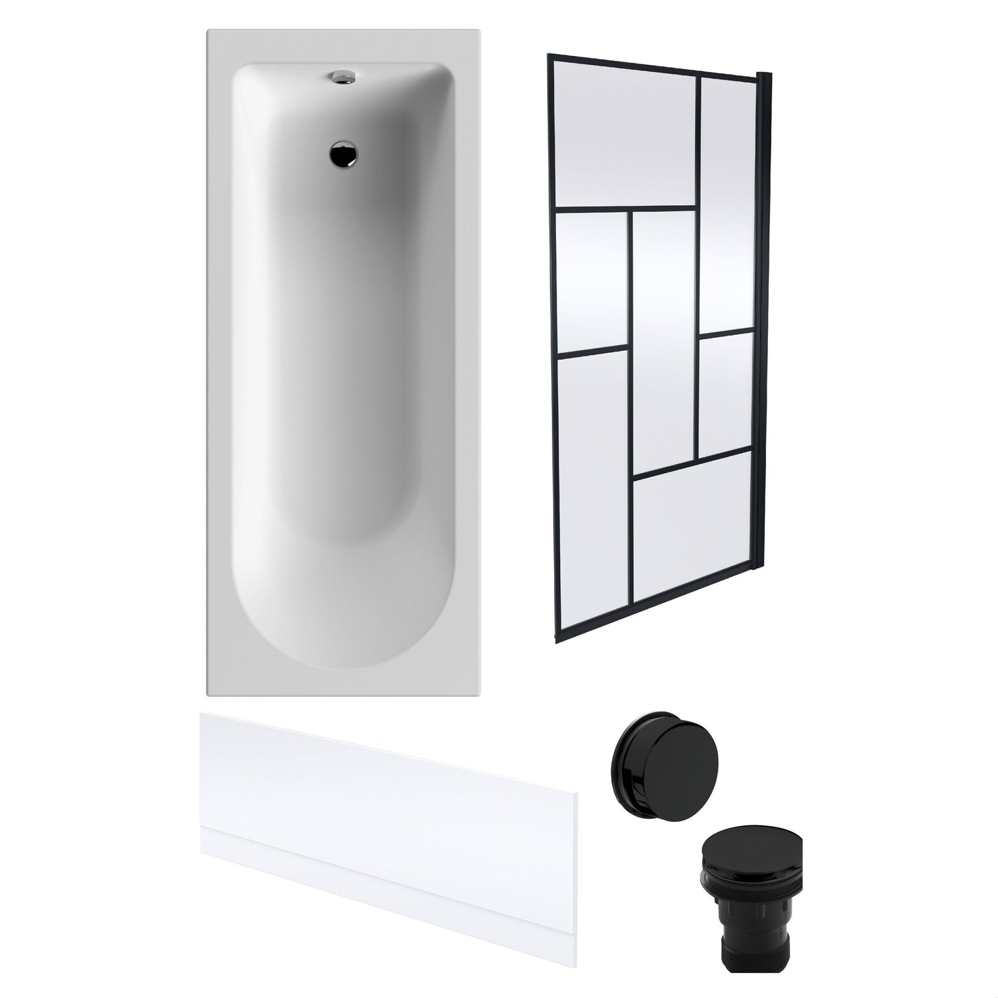 [BBSE60930] Round Single Ended 1700x700 Bath Set - Front Bath Panel & Black Abstract Framed Screen & Black Waste - Cutout