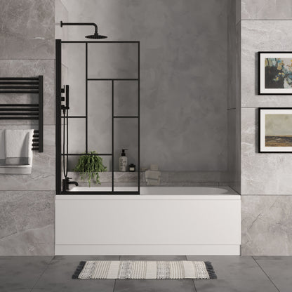 [BBSE60930] Round Single Ended 1700x700 Bath Set - Front Bath Panel & Black Abstract Framed Screen & Black Waste - Lifestyle 1