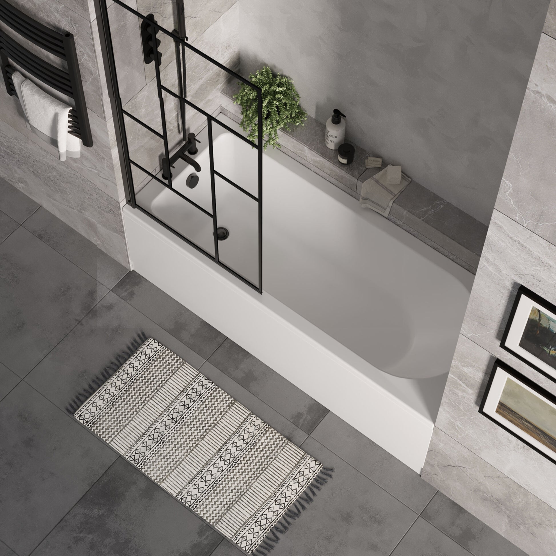 [BBSE60930] Round Single Ended 1700x700 Bath Set - Front Bath Panel & Black Abstract Framed Screen & Black Waste - Lifestyle 2