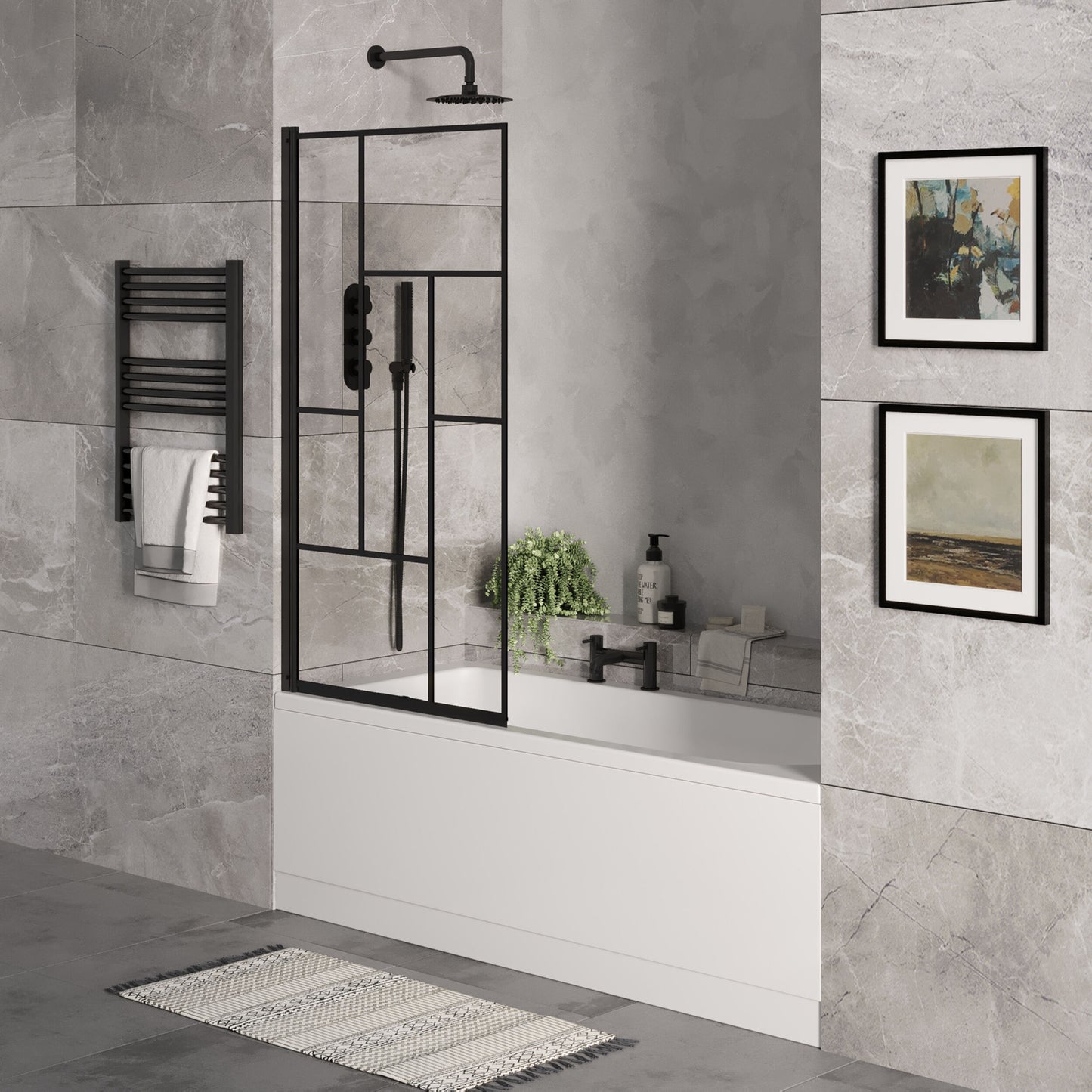 [BBSE60930] Round Single Ended 1700x700 Bath Set - Front Bath Panel & Black Abstract Framed Screen & Black Waste - Lifestyle 3