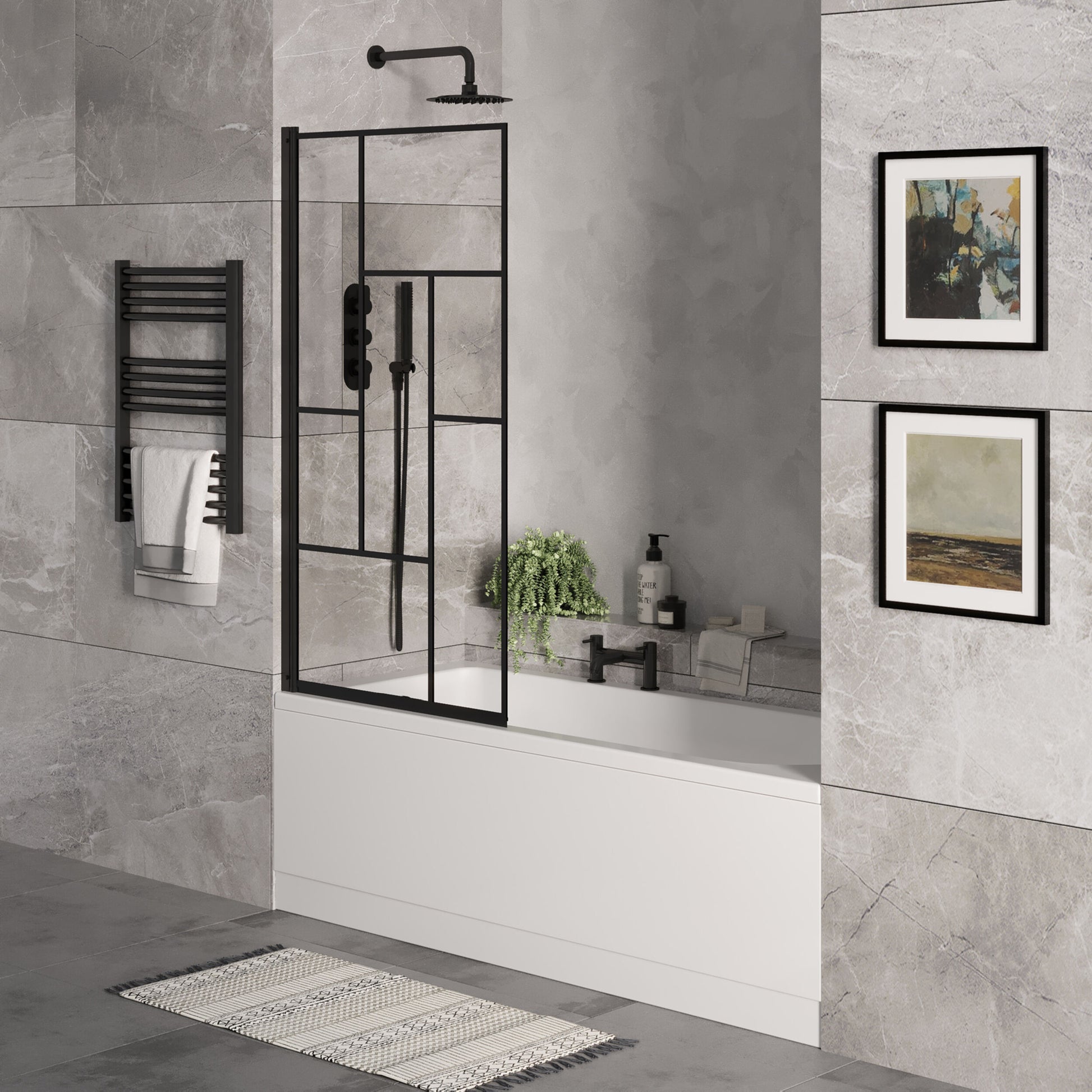 [BBSE60930] Round Single Ended 1700x700 Bath Set - Front Bath Panel & Black Abstract Framed Screen & Black Waste - Lifestyle 3