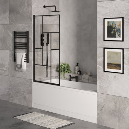 [BBSE60930] Round Single Ended 1700x700 Bath Set - Front Bath Panel & Black Abstract Framed Screen & Black Waste - Lifestyle 3