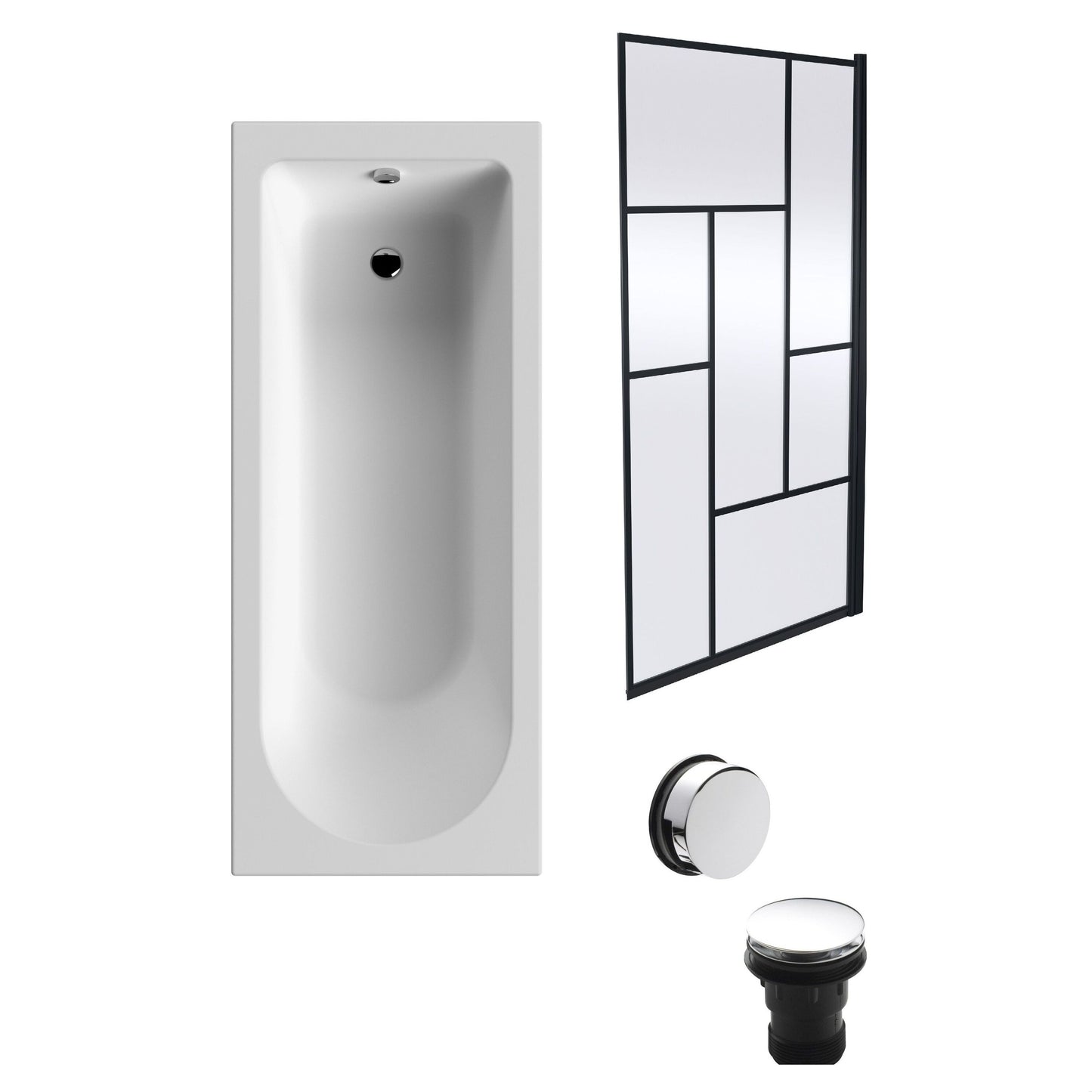 [BBSE60946] Round Single Ended 1700x700 Bath Set - Leg Set, Black Abstract Framed Screen & Chrome Waste - Cutout