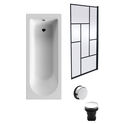 [BBSE60946] Round Single Ended 1700x700 Bath Set - Leg Set, Black Abstract Framed Screen & Chrome Waste - Cutout