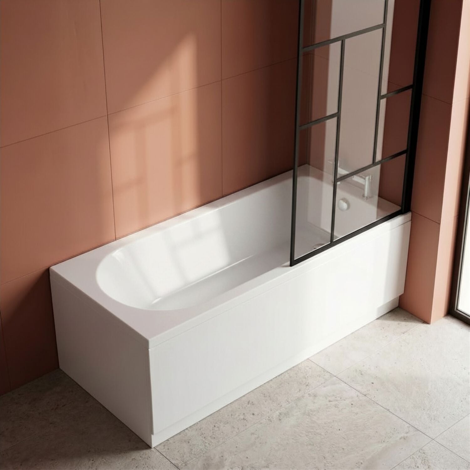 [BBSE60946] Round Single Ended 1700x700 Bath Set - Leg Set, Black Abstract Framed Screen & Chrome Waste - Silo