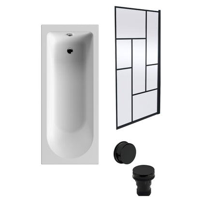 [BBSE60947] Round Single Ended 1700x700 Bath Set - Leg Set, Black Abstract Framed Screen & Black Waste - Cutout