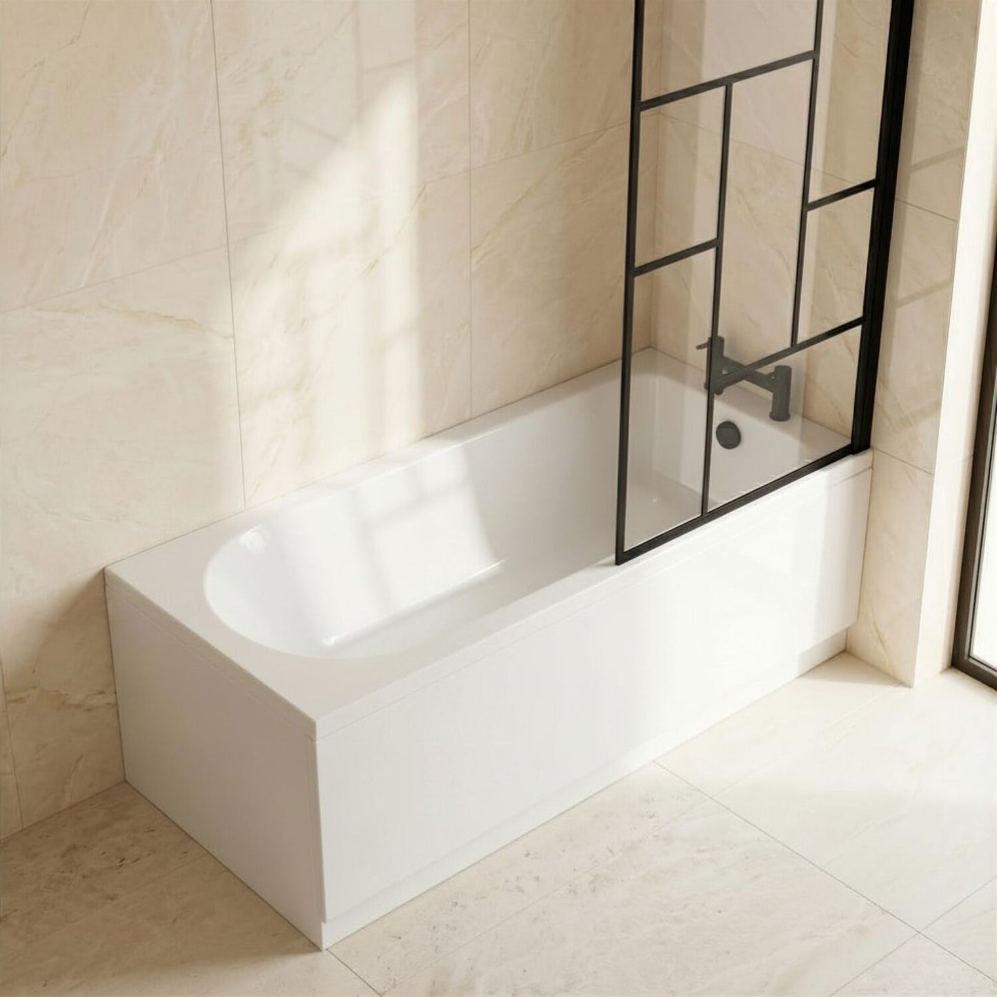 [BBSE60947] Round Single Ended 1700x700 Bath Set - Leg Set, Black Abstract Framed Screen & Black Waste - Silo