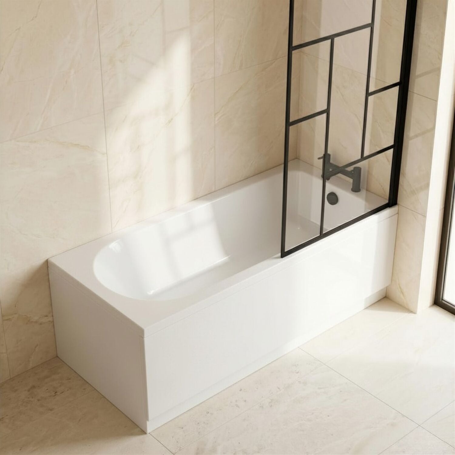 [BBSE60947] Round Single Ended 1700x700 Bath Set - Leg Set, Black Abstract Framed Screen & Black Waste - Silo