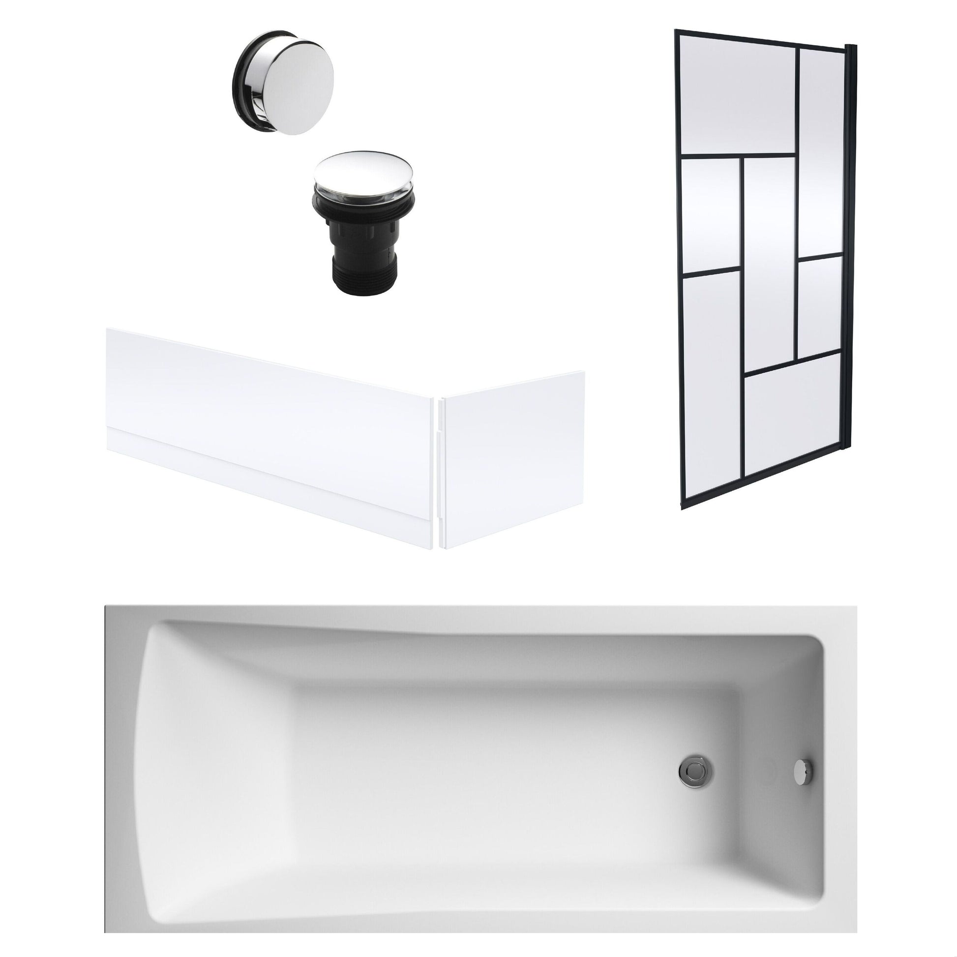 [BBSE60962] Square Single Ended 1700x700 with Panels & Black Abstract Framed Screen & Chrome Waste - Cutout