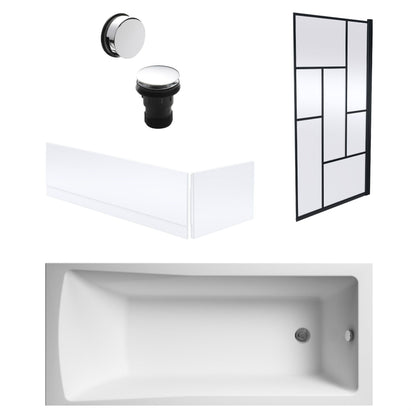 [BBSE60962] Square Single Ended 1700x700 with Panels & Black Abstract Framed Screen & Chrome Waste - Cutout