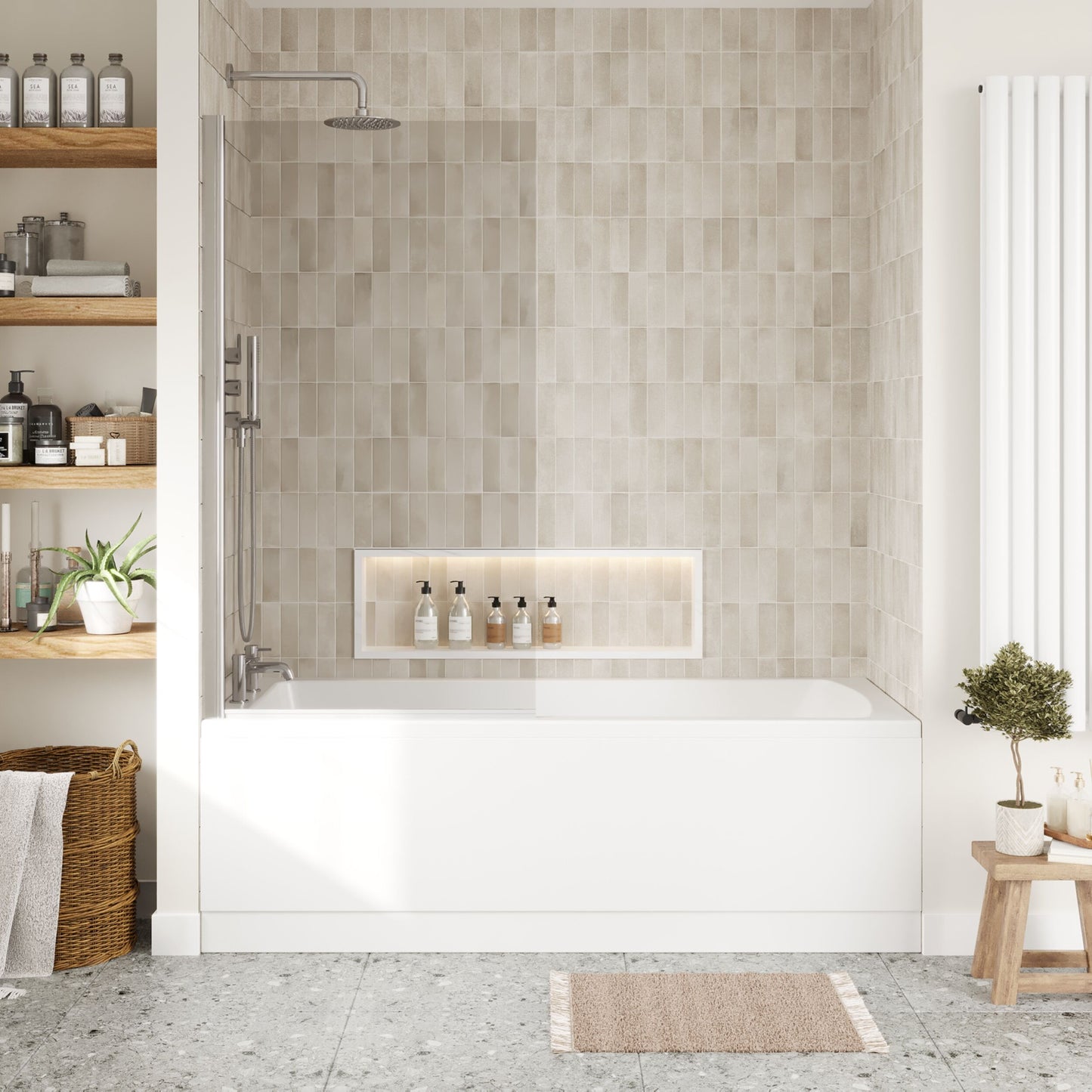 [BBSE60971] Square Single Ended 1700x700 with Front Bath Panel & Chrome Screen & Brushed Brass Waste - Lifestyle 1