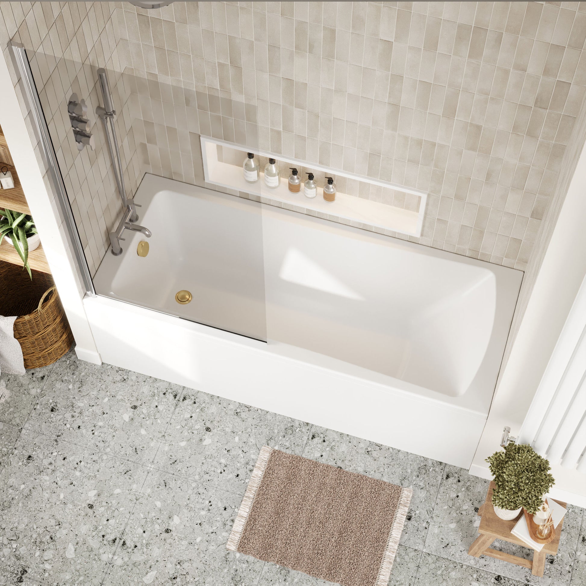 [BBSE60971] Square Single Ended 1700x700 with Front Bath Panel & Chrome Screen & Brushed Brass Waste - Lifestyle 2