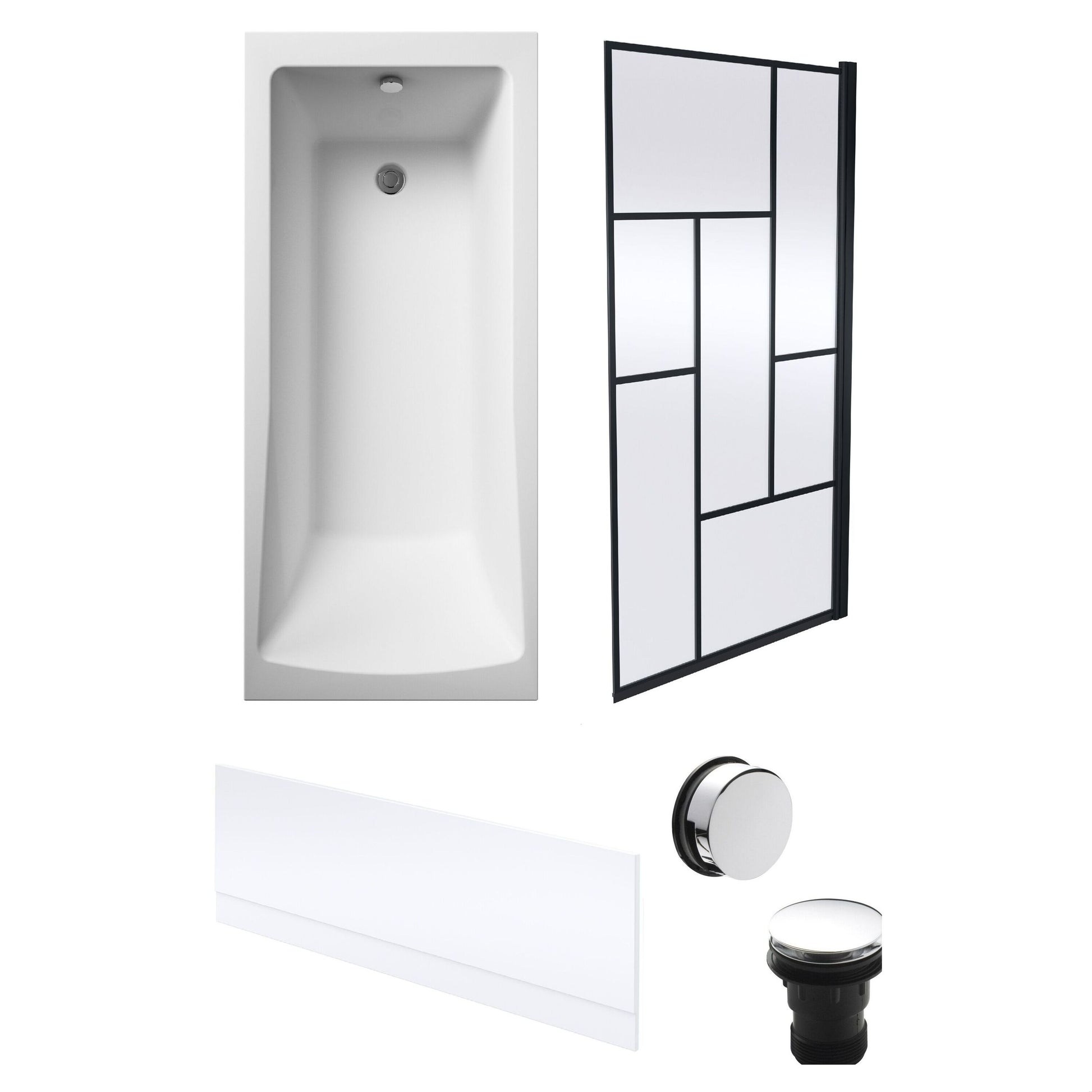 [BBSE60979] Square Single Ended 1700x700 with Front Bath Panel, Black Abstract Framed Screen & Chrome Waste - Cutout