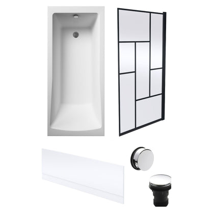 [BBSE60979] Square Single Ended 1700x700 with Front Bath Panel, Black Abstract Framed Screen & Chrome Waste - Cutout