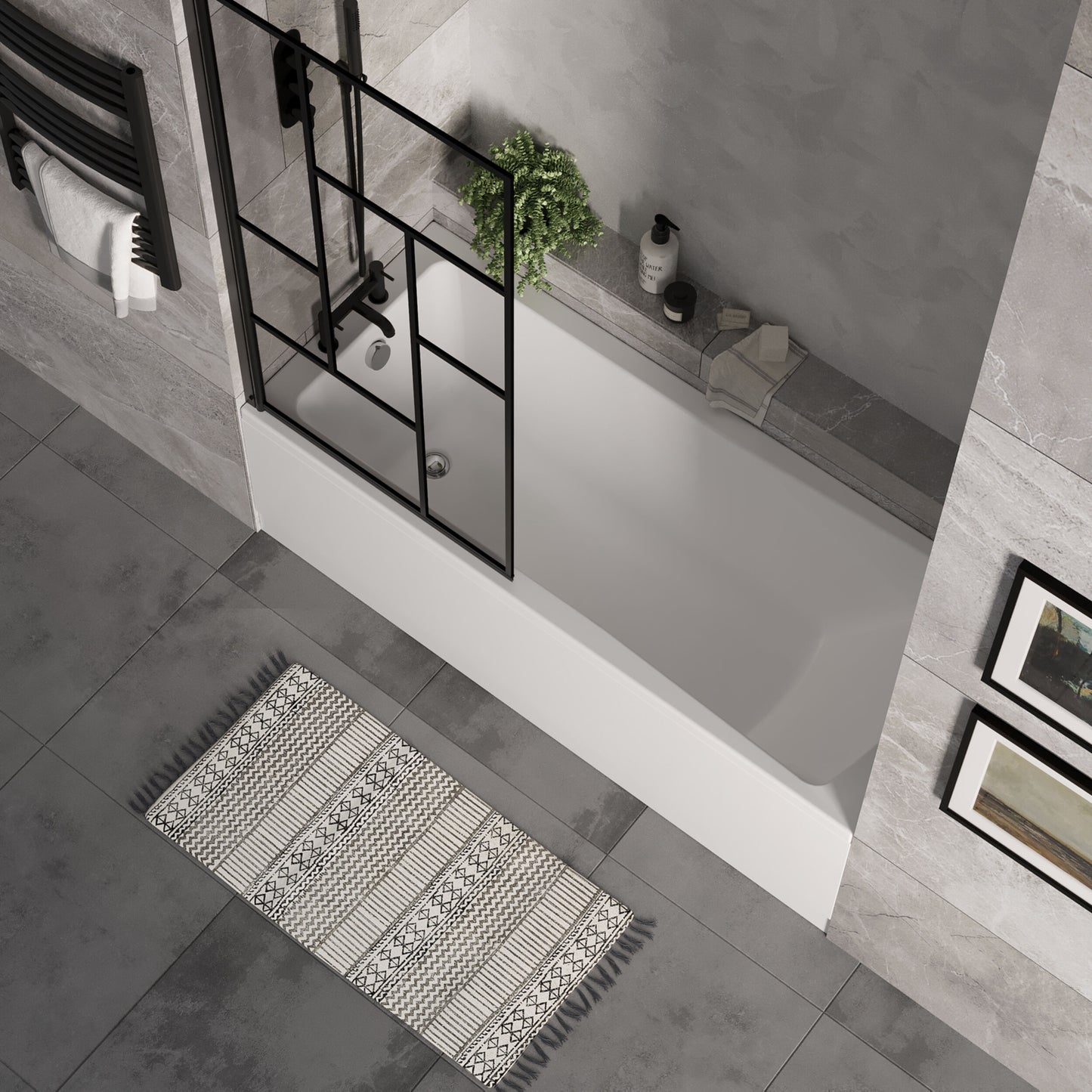 [BBSE60979] Square Single Ended 1700x700 with Front Bath Panel, Black Abstract Framed Screen & Chrome Waste - Lifestyle 2