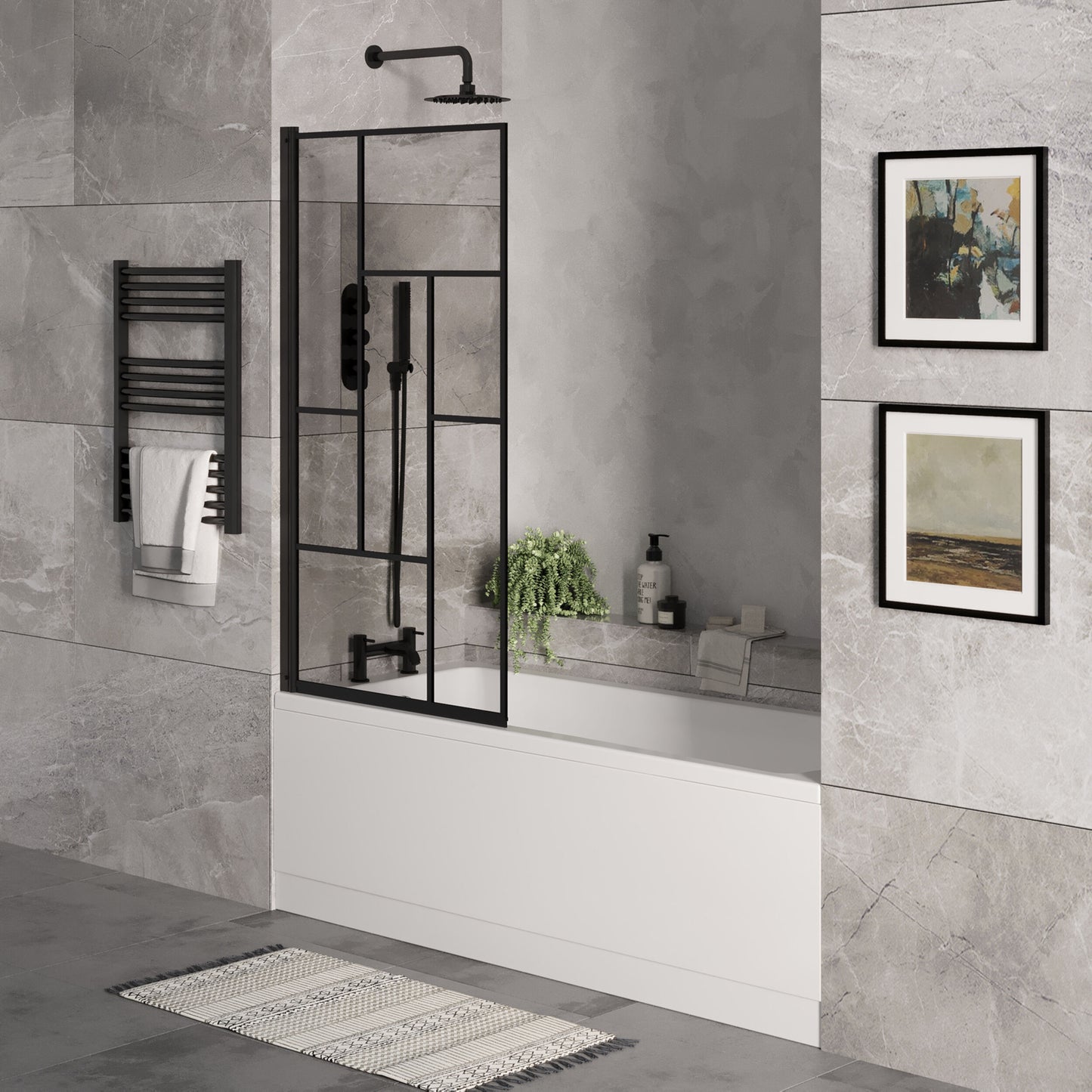 [BBSE60979] Square Single Ended 1700x700 with Front Bath Panel, Black Abstract Framed Screen & Chrome Waste - Lifestyle 3