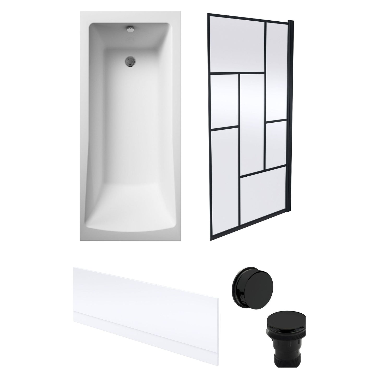 [BBSE60980] Square Single Ended 1700x700 with Front Bath Panel. Black Abstract Framed Screen & Black Waste - Cutout
