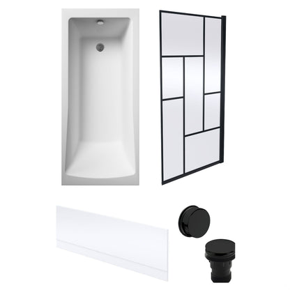 [BBSE60980] Square Single Ended 1700x700 with Front Bath Panel. Black Abstract Framed Screen & Black Waste - Cutout