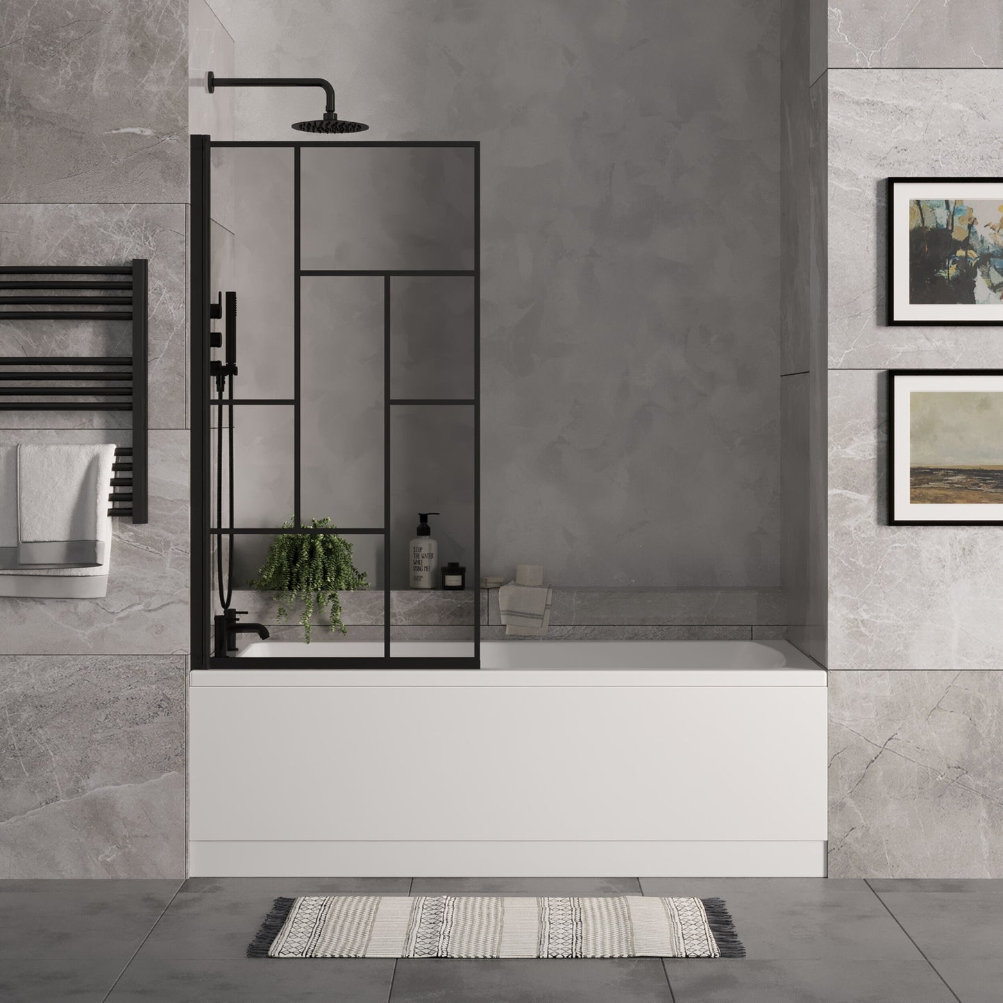 [BBSE60980] Square Single Ended 1700x700 with Front Bath Panel. Black Abstract Framed Screen & Black Waste - Lifestyle 1