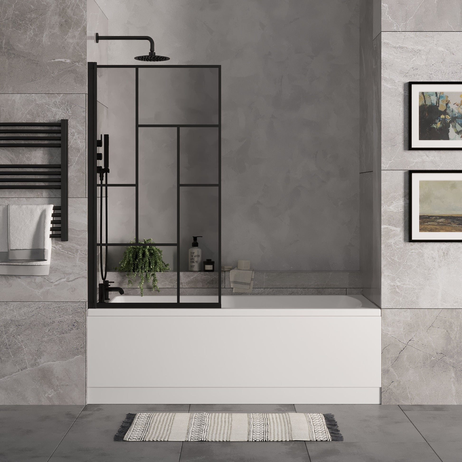 [BBSE60980] Square Single Ended 1700x700 with Front Bath Panel. Black Abstract Framed Screen & Black Waste - Lifestyle 1