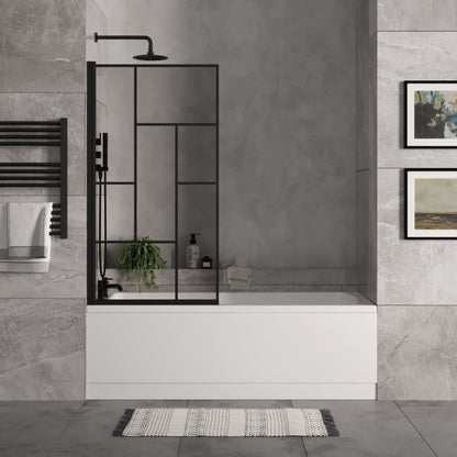 [BBSE60980] Square Single Ended 1700x700 with Front Bath Panel. Black Abstract Framed Screen & Black Waste - Lifestyle 1