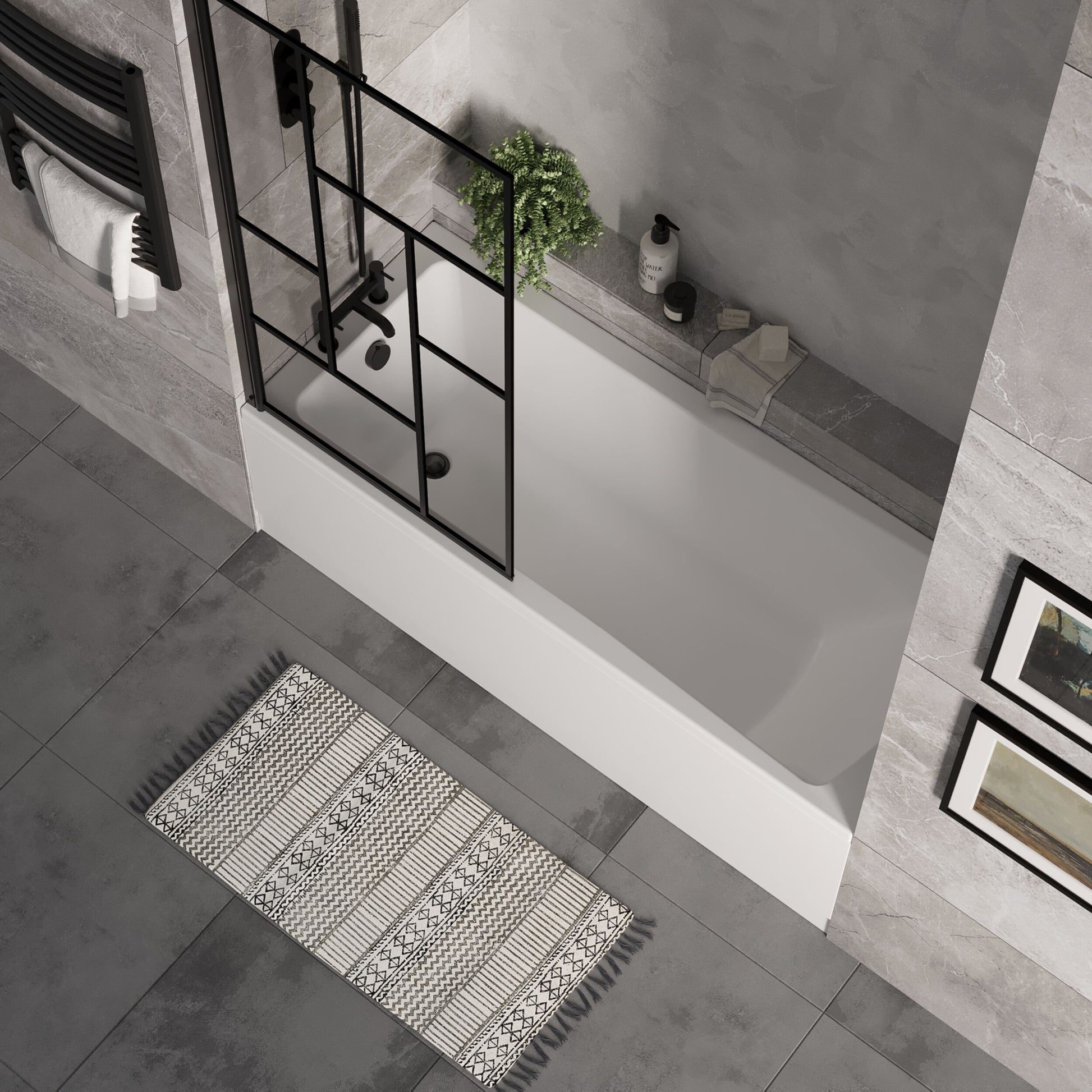[BBSE60980] Square Single Ended 1700x700 with Front Bath Panel. Black Abstract Framed Screen & Black Waste - Lifestyle 2