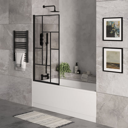 [BBSE60980] Square Single Ended 1700x700 with Front Bath Panel. Black Abstract Framed Screen & Black Waste - Lifestyle 3
