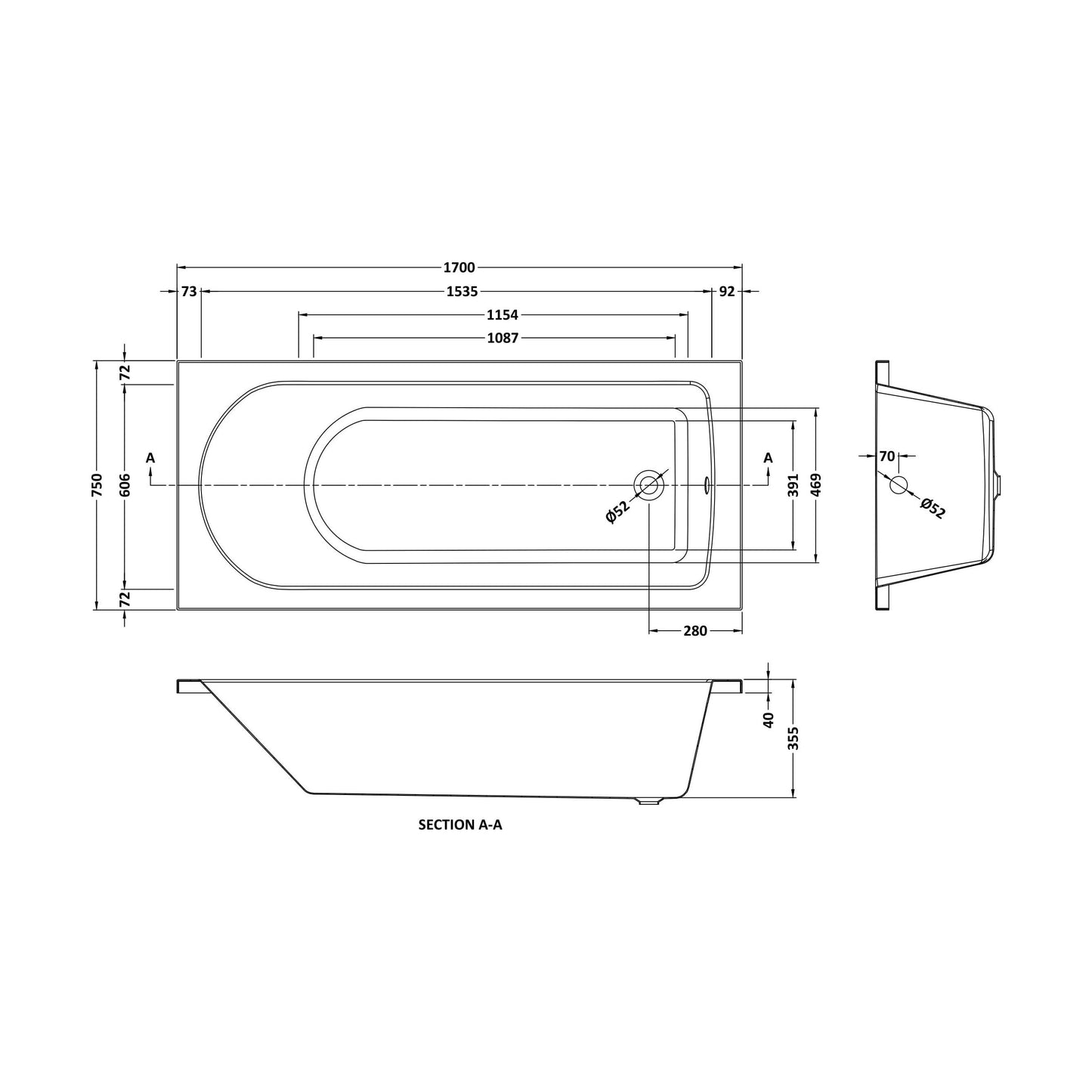 [BBSE610NL] Standard Single Ended Bath 1700x750 - Technical Drawing