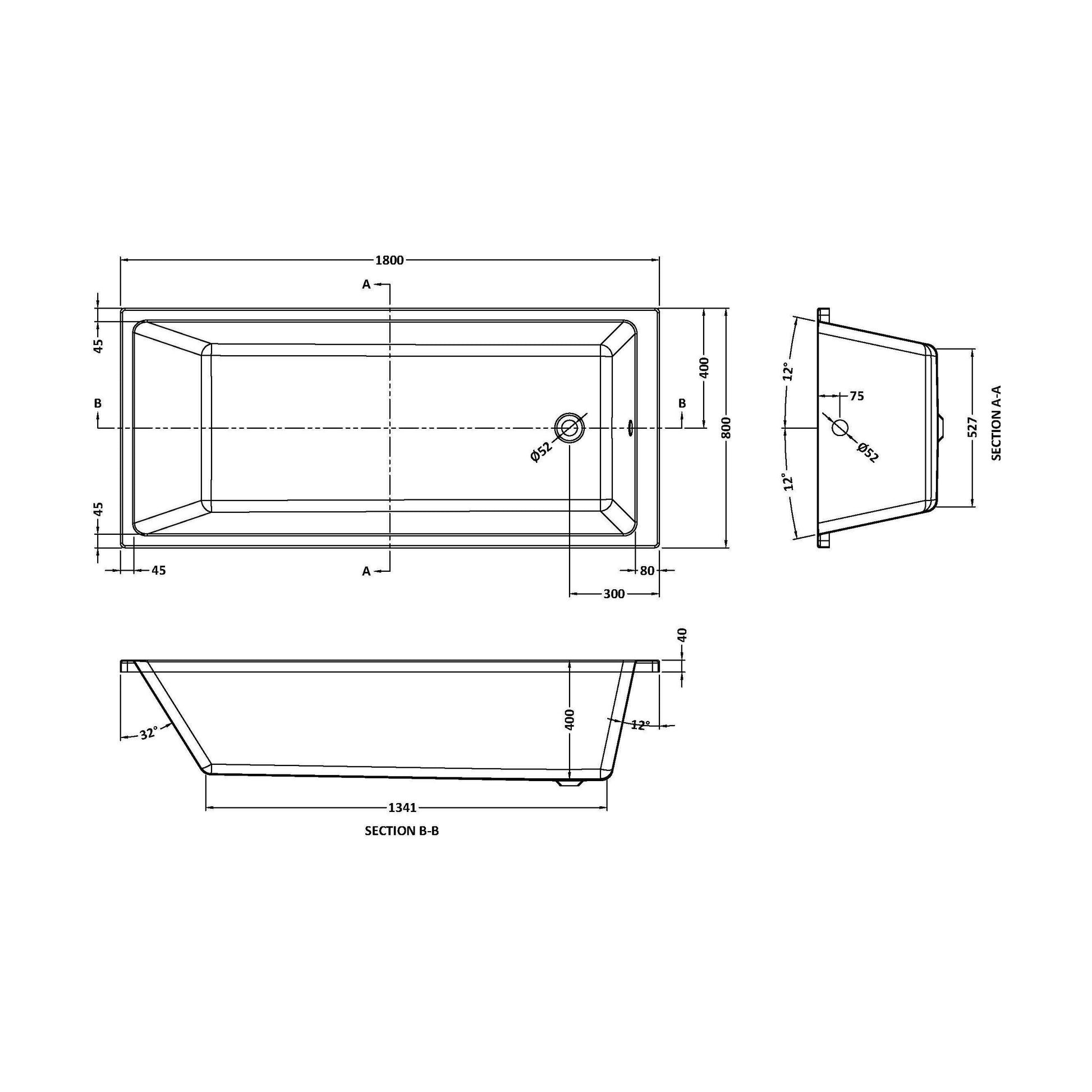 [BBSE814] Balterley Modern Square Thin Edge Single Ended Straight Shower Bath with Leg Set, 1800mm x 800mm - White - Technical Drawing