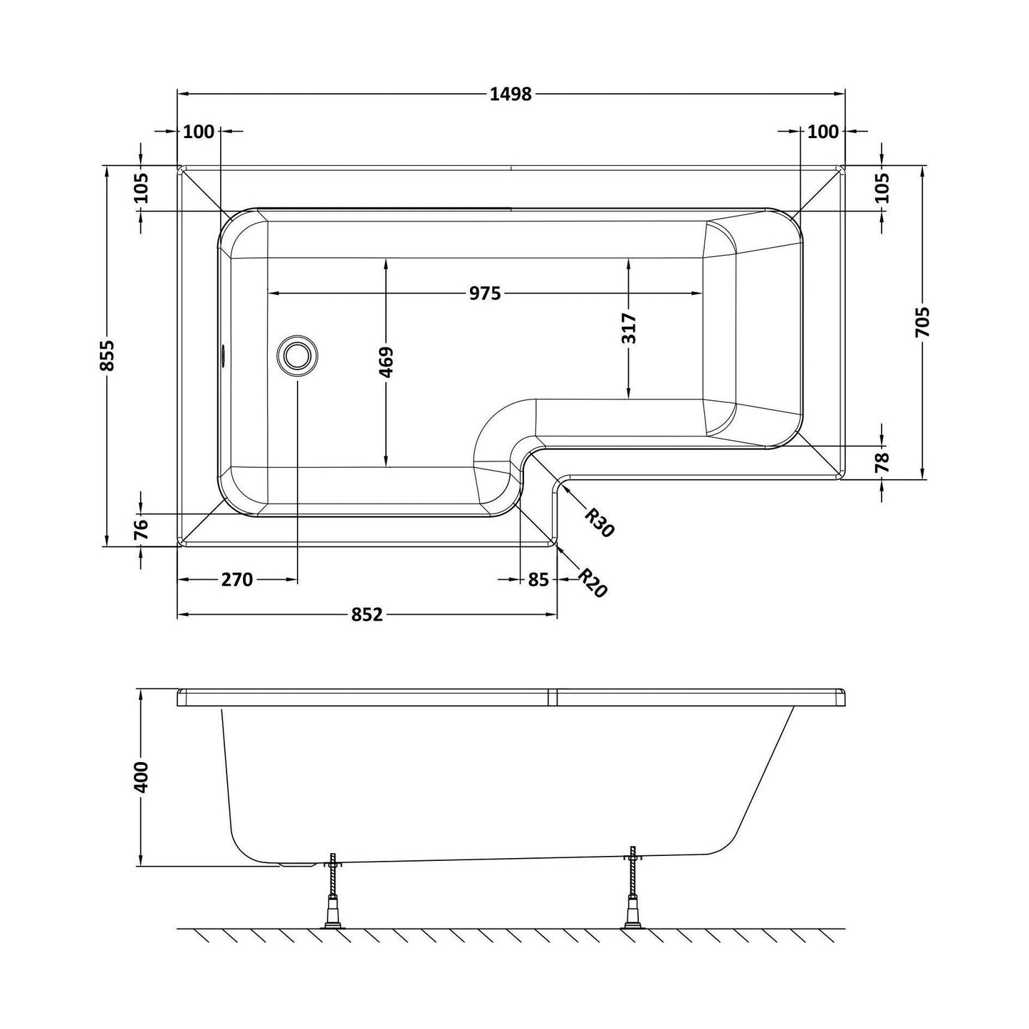 [BBSS1585L] Contemporary Square Shower Bath - Choose Size and Orientation - Technical Drawing