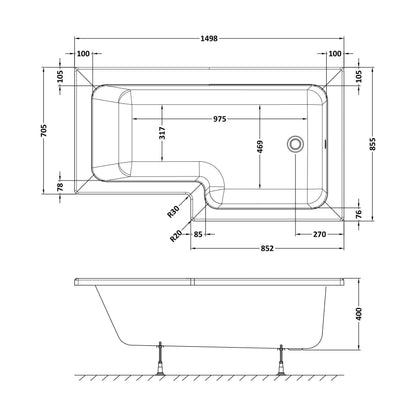 [BBSS1585R] Contemporary Square Shower Bath - Choose Size and Orientation - Technical Drawing