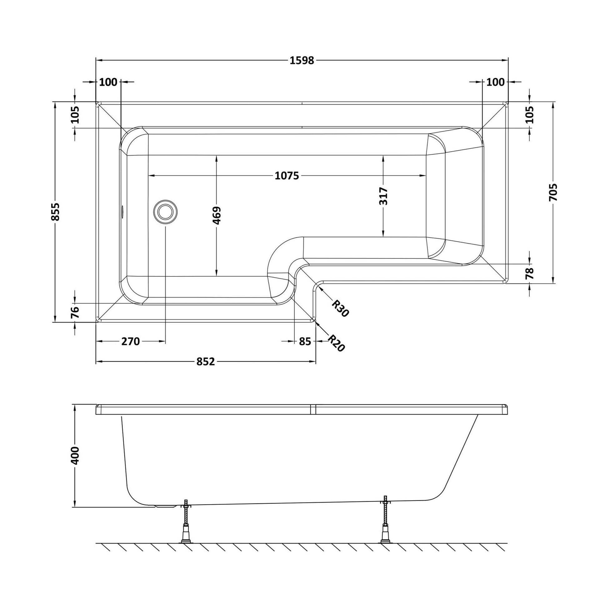 [BBSS1685L] Contemporary Square Shower Bath - Choose Size and Orientation - Technical Drawing