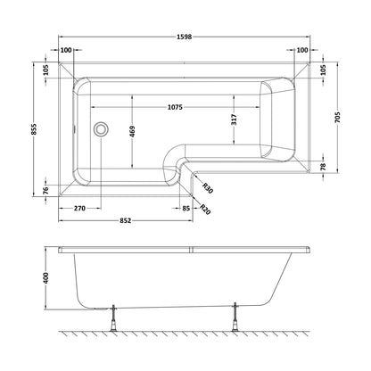 [BBSS1685L] Contemporary Square Shower Bath - Choose Size and Orientation - Technical Drawing