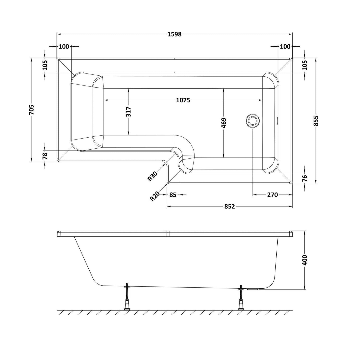[BBSS1685R] Contemporary Square Shower Bath - Choose Size and Orientation - Technical Drawing