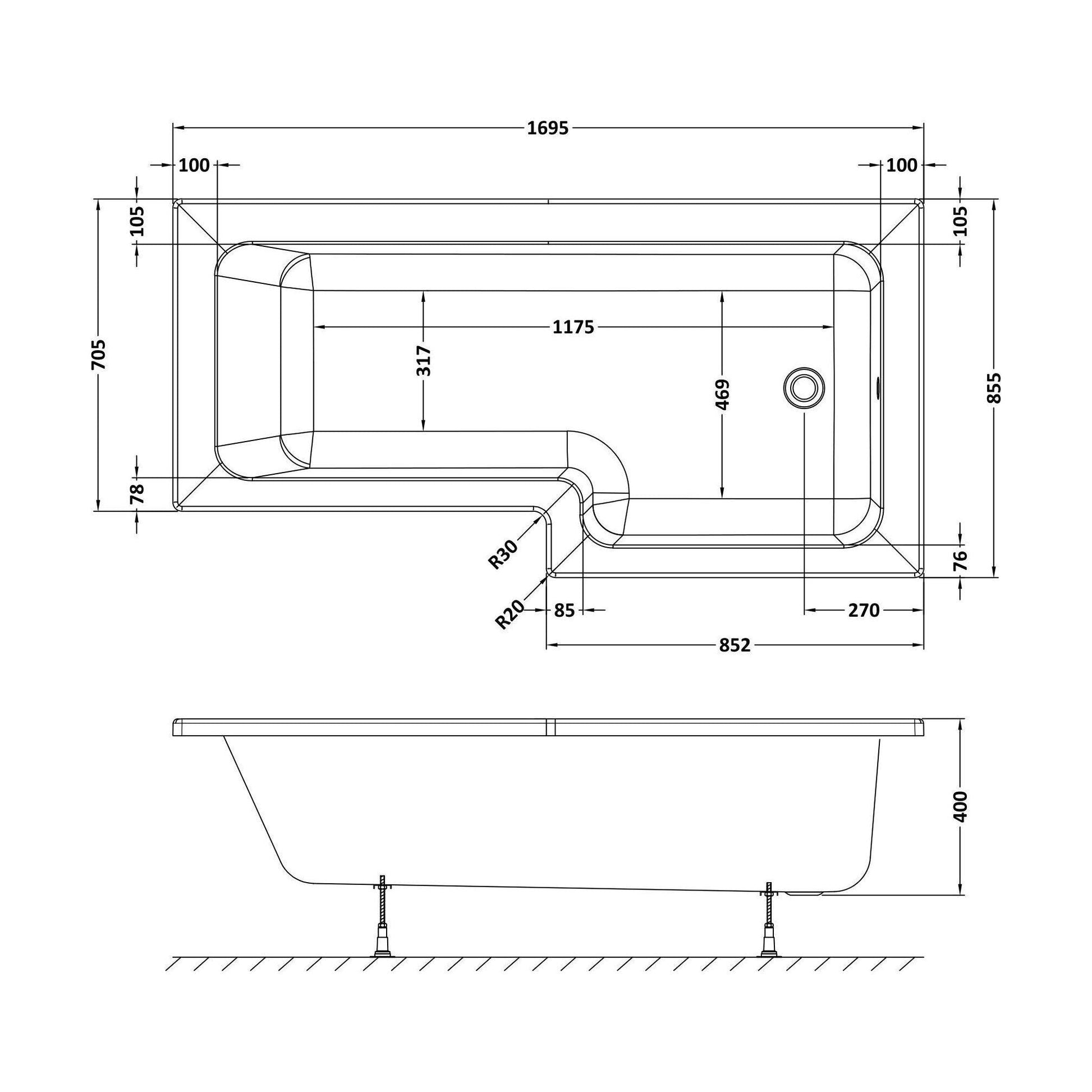 [BBSS1785R] Contemporary Square Shower Bath - Choose Size and Orientation - Technical Drawing