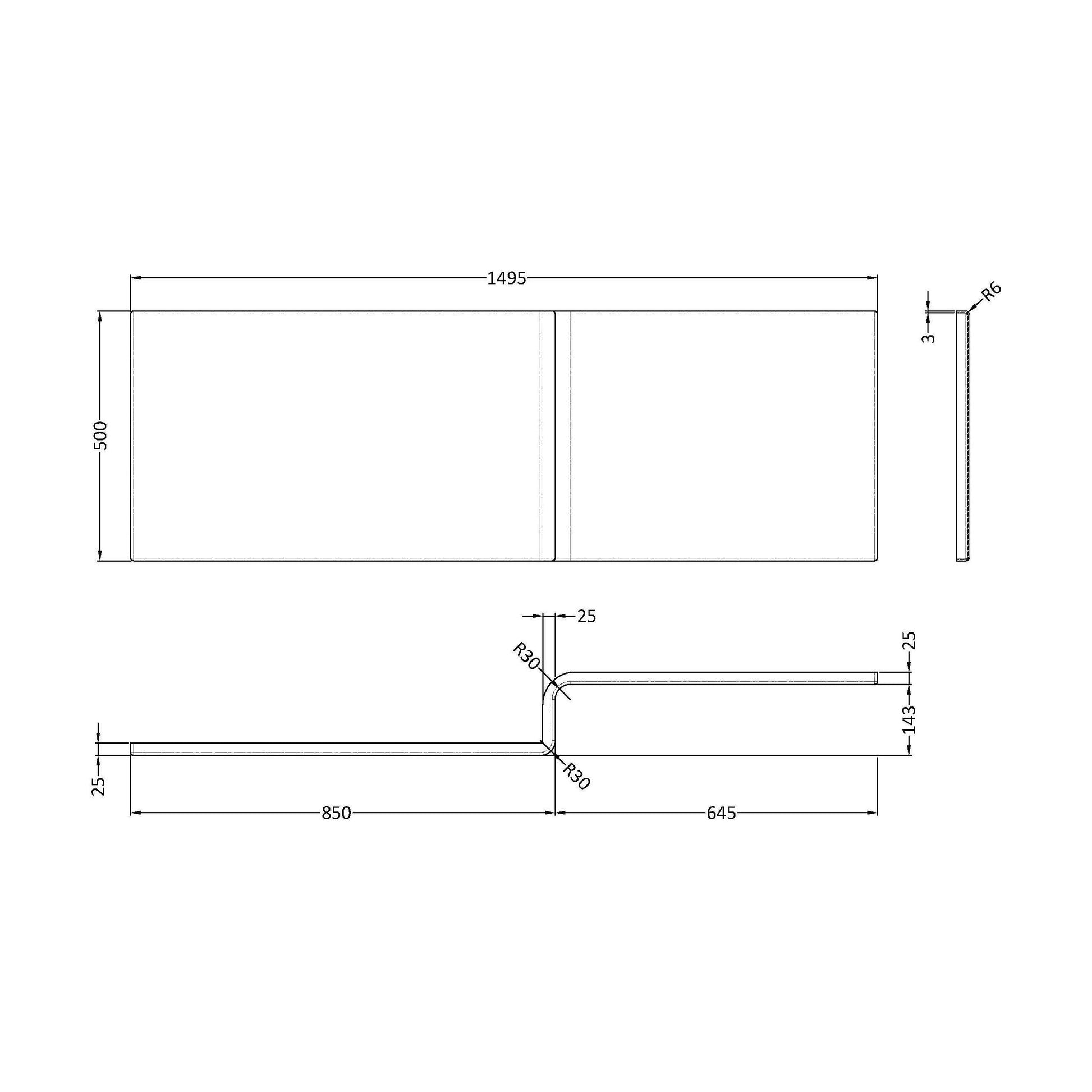 [BBSS302] Contemporary Acrylic Bath Panel, Suitable for Standard Straight Baths - Gloss White - Technical Drawing
