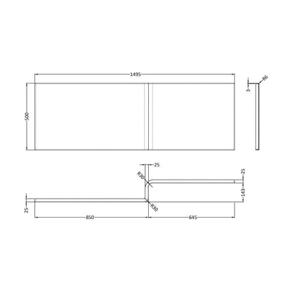[BBSS302] Contemporary Acrylic Bath Panel, Suitable for Standard Straight Baths - Gloss White - Technical Drawing