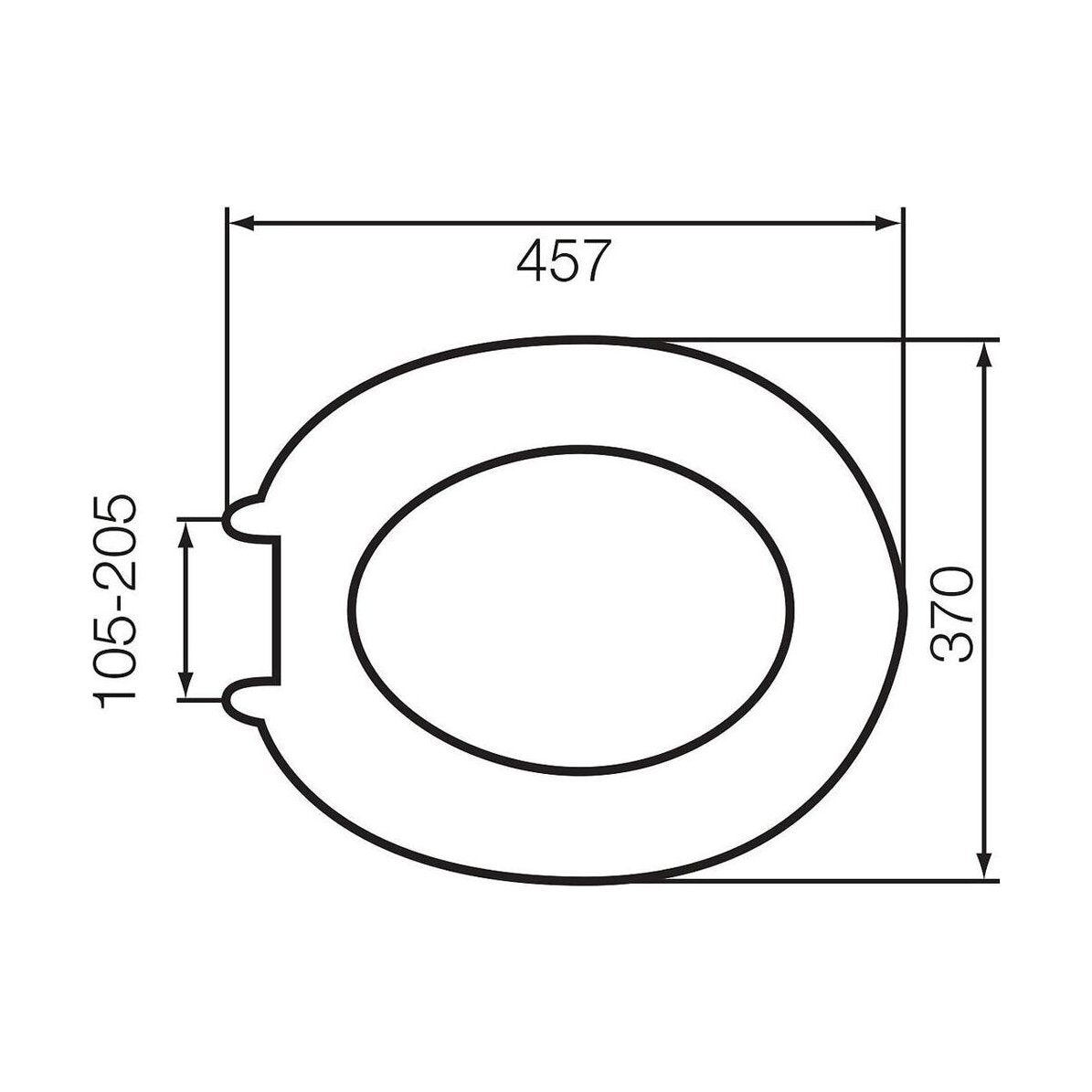 [BBT206SLV] Balterley Bathroom Standard Adjustable-Hinges Round Toilet Seat, Silver Wood Effect Finish - 457x370 mm (Seat Only) - Technical Drawing