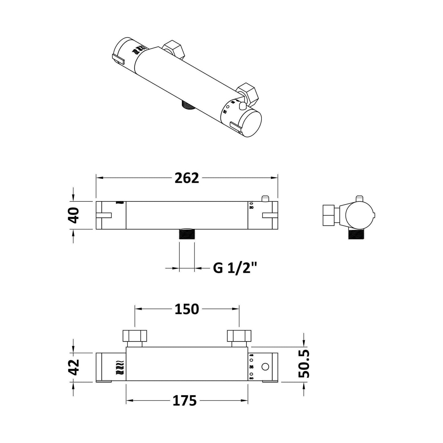 [BBV026] Round Wall Mount Shower Thermostatic Bar Valve Tap (Kit Not Included) - Chrome - Balterley - Technical Drawing