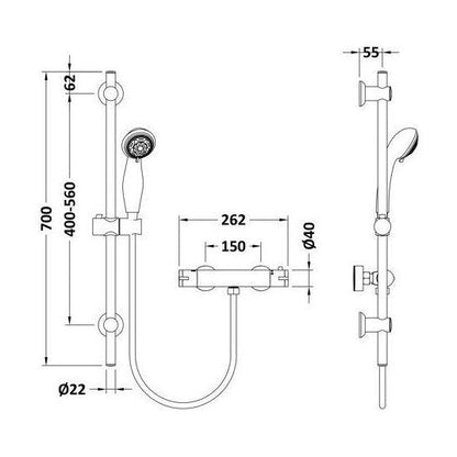 [BBV028K] Round Bar Valve and Slide Rail Shower Kit - Chrome - Balterley - Technical Drawing