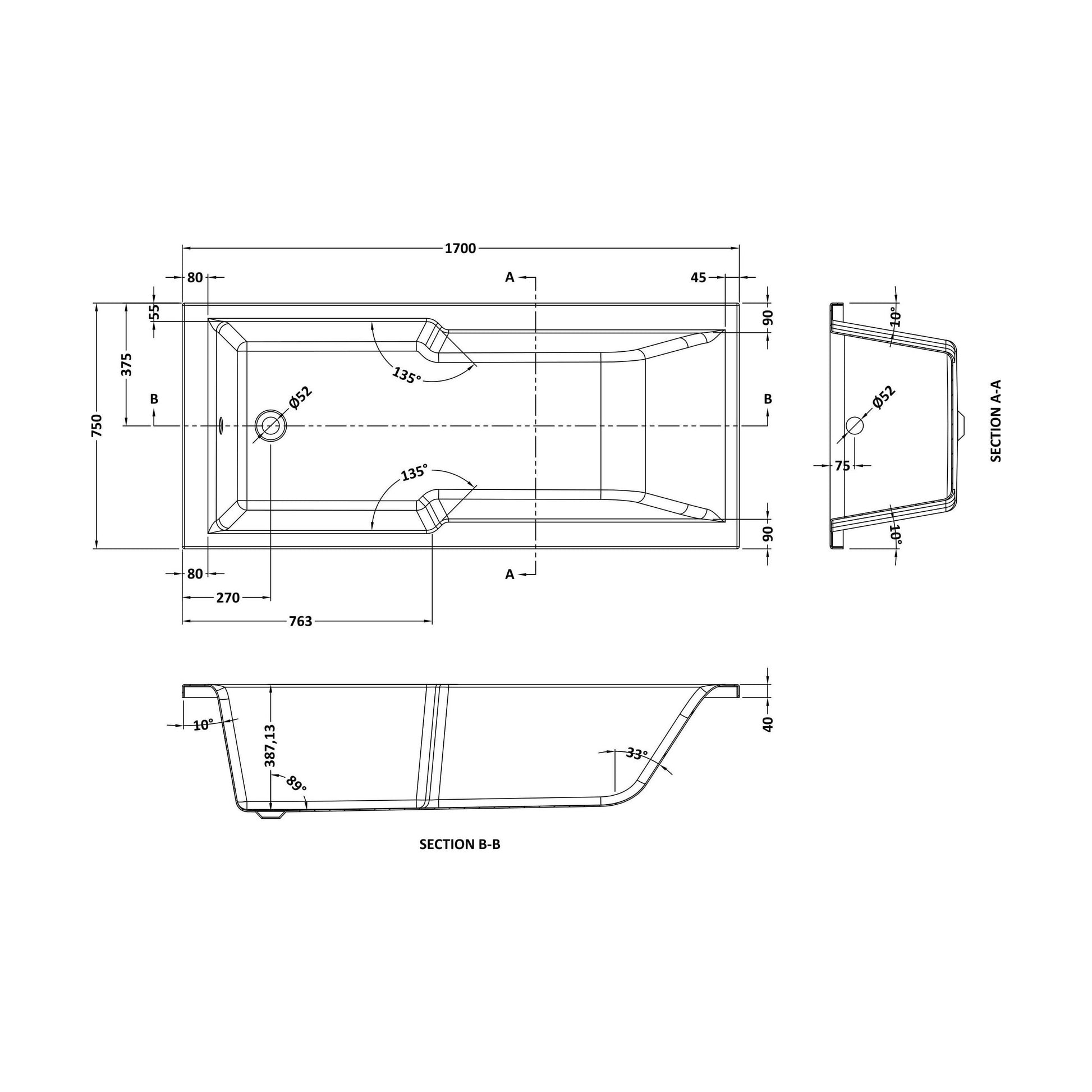 [BBVSB17] Grafham 1700mm straight shower bath - Technical Drawing