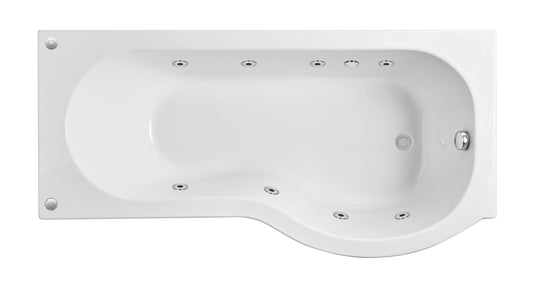 P Shape Whirlpool Shower Bath with 8 Chrome Jets and Leg Set, Right Hand, 1700mm