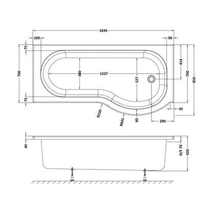 [BBWP102-J8] P Shape Whirlpool Shower Bath with 8 Chrome Jets and Leg Set, Right Hand, 1700mm - Technical Drawing