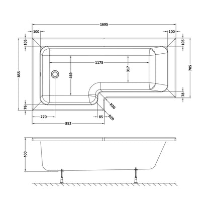 [BBWS101-J8] L-Shape Whirlpool Shower Bath with 8 Chrome Jets and Leg Set, Left Hand, 1700mm - Technical Drawing