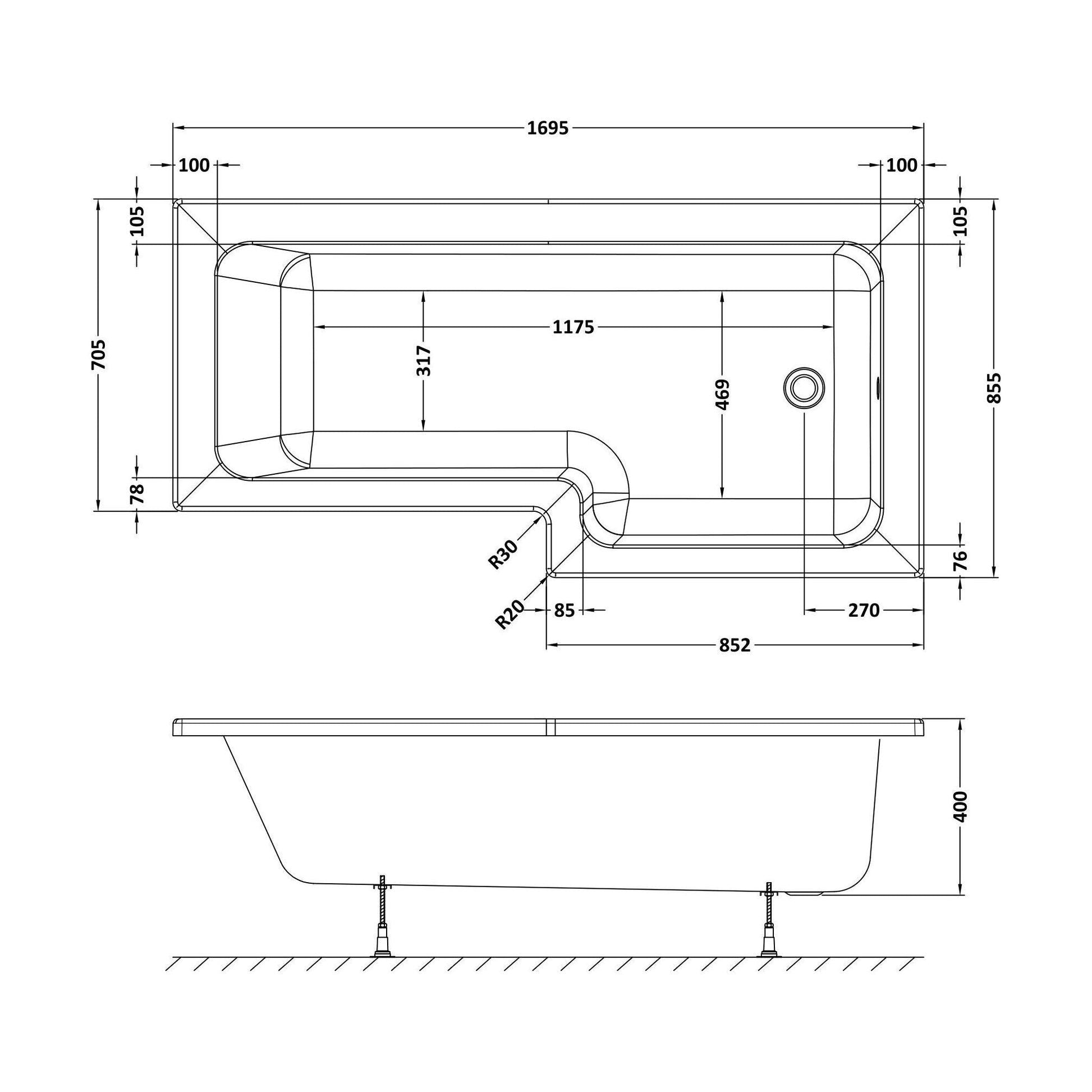 [BBWS102-J8] L-Shape Whirlpool Shower Bath with 8 Chrome Jets and Leg Set, Right Hand, 1700mm - Technical Drawing