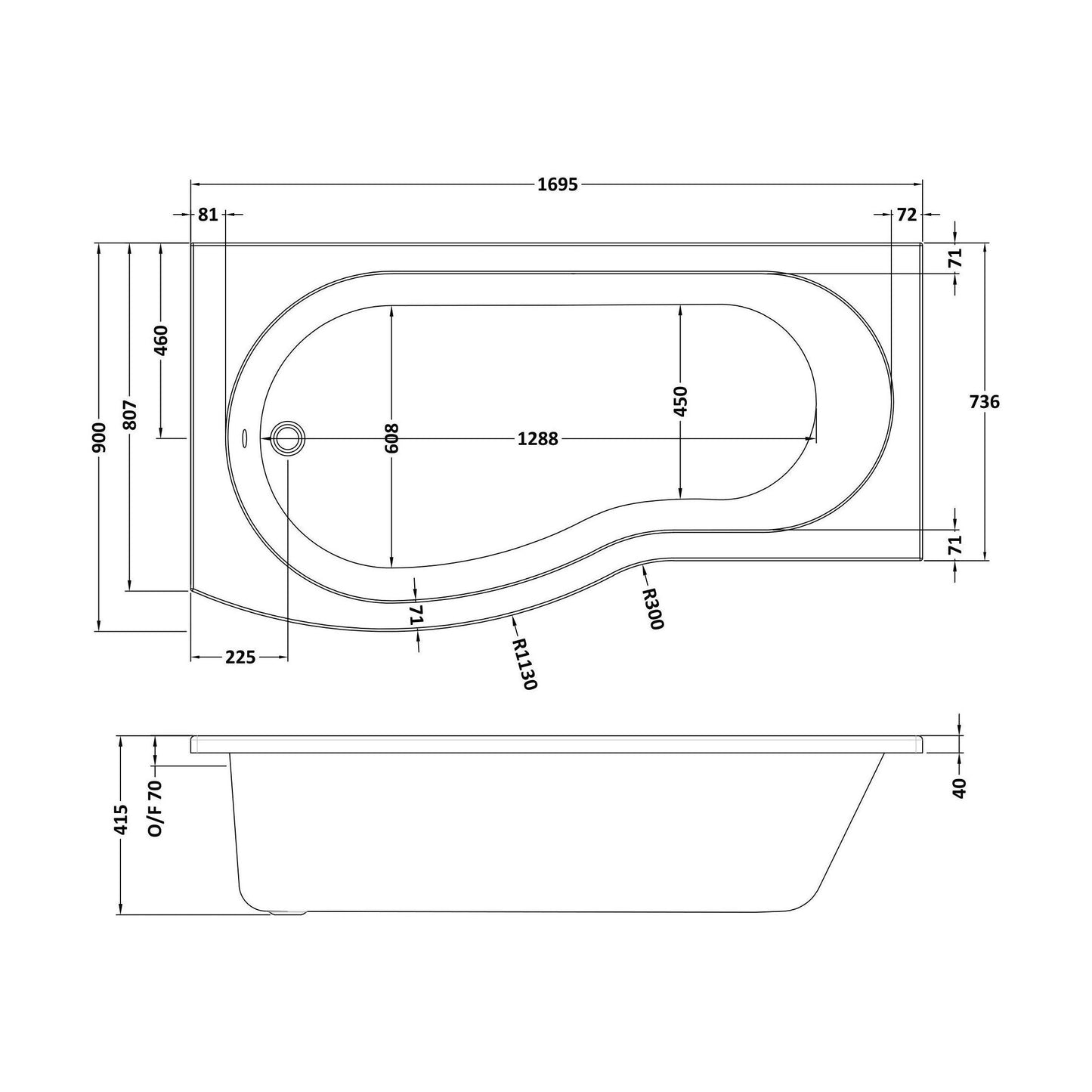 [BBZBB002] B Shape 1700x900 Left Hand Bath Set - Front Panel, Screen with Towel Rail - Chrome - Technical Drawing