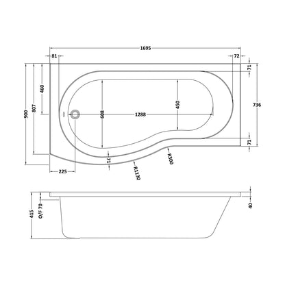 [BBZBB002] B Shape 1700x900 Left Hand Bath Set - Front Panel, Screen with Towel Rail - Chrome - Technical Drawing
