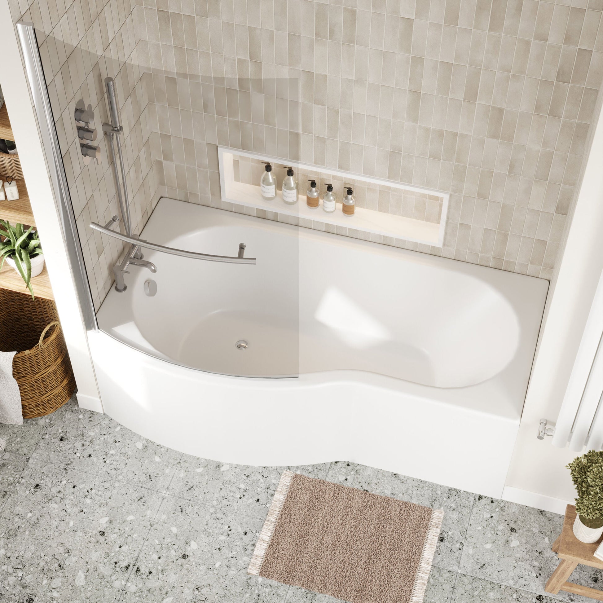 [BBZBB002] B Shape 1700x900 Left Hand Bath Set - Front Panel, Screen with Towel Rail - Chrome - Lifestyle 2